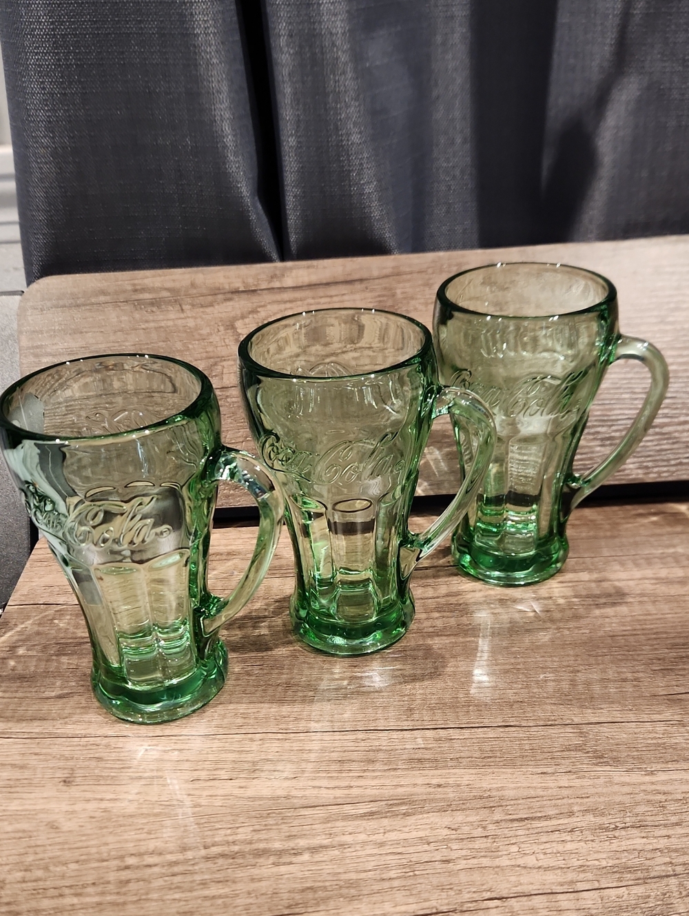 Like New Coca Cola Green Glass 3pc Mug Set - Embossed Logo Trio